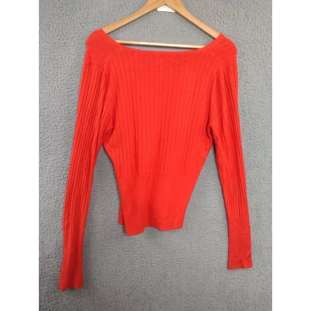 BCBGMaxazria Silk Blend Sweater‎ Womens Large Red Cropped Ribbed Long Sleeve